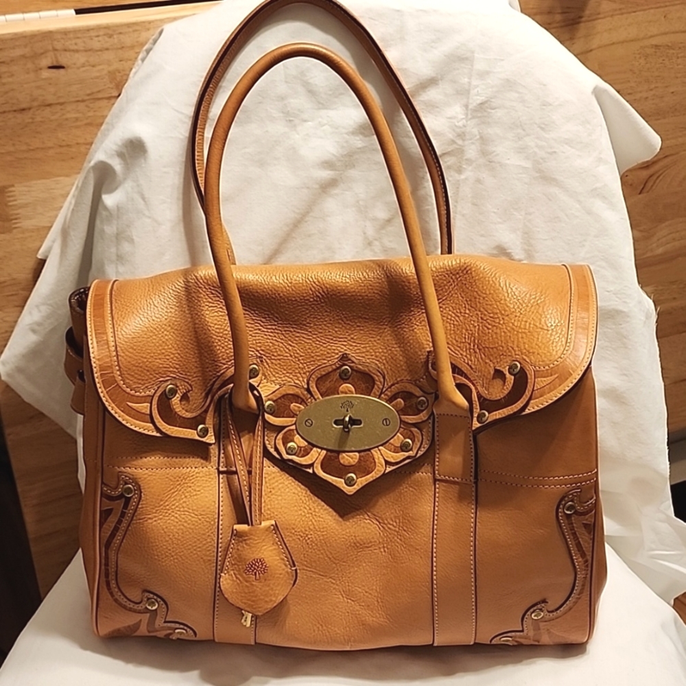 Mulberry Bayswater Darwin Tooled Leather Handbag, Tan, 14 1/2x6 1/2x10 1/2